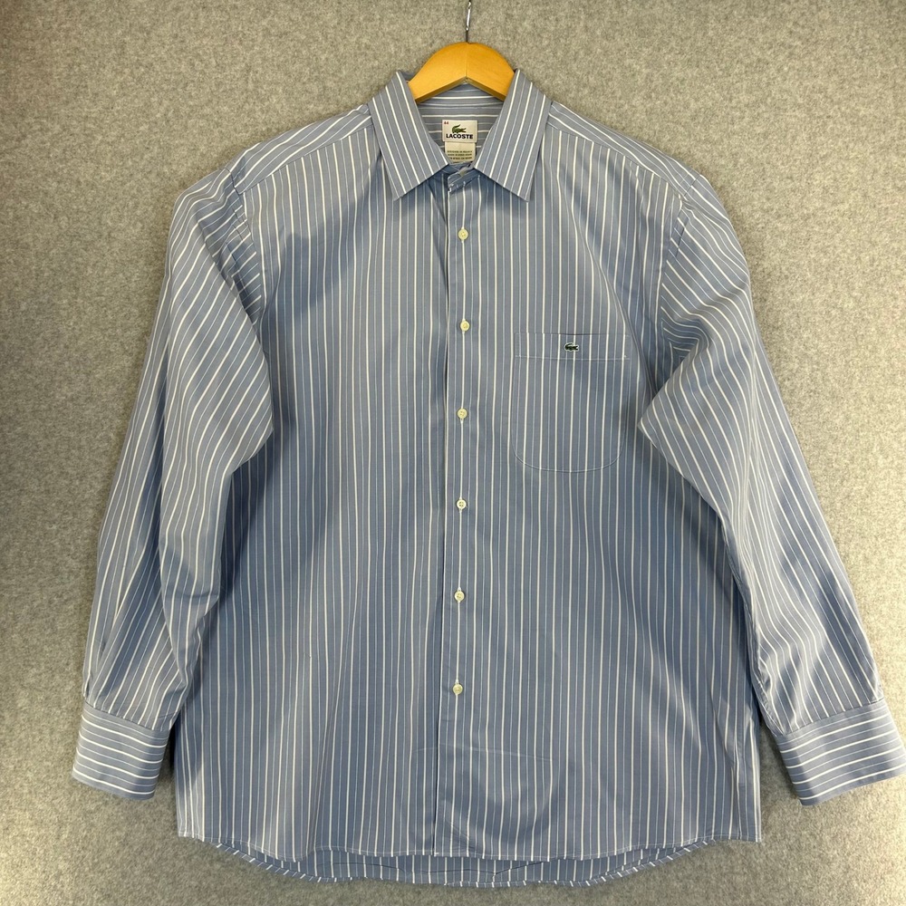 Lacoste Blue White Stripe Button Down Shirt Alligator Long Sleeve Mens Size 44‎